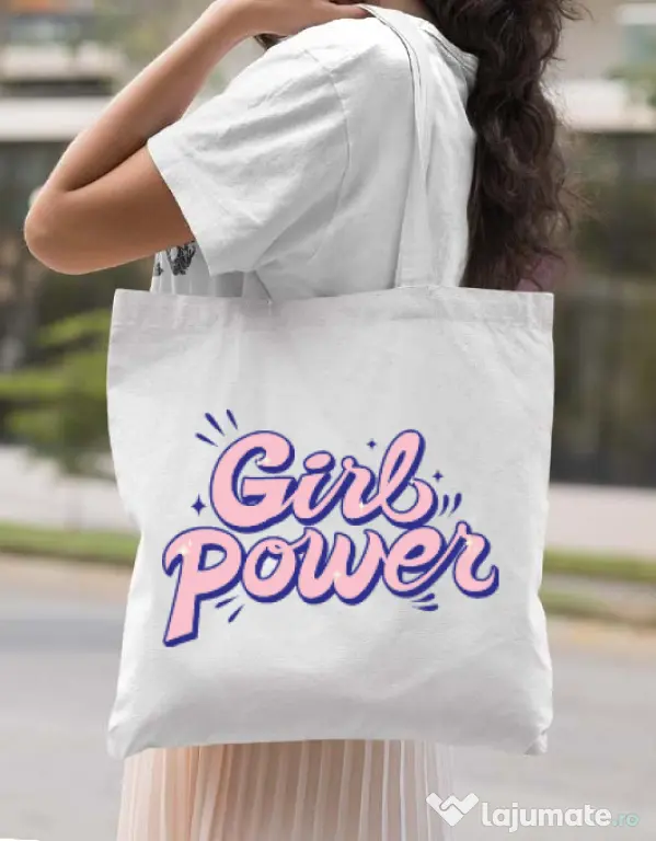 Sacosa din panza Girl power Alb