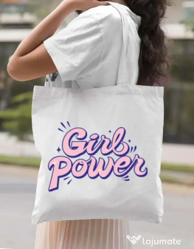 Sacosa din panza Girl power Alb