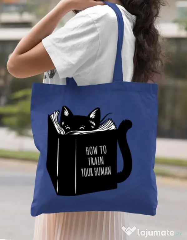 Sacosa din panza How to train your human Albastru regal