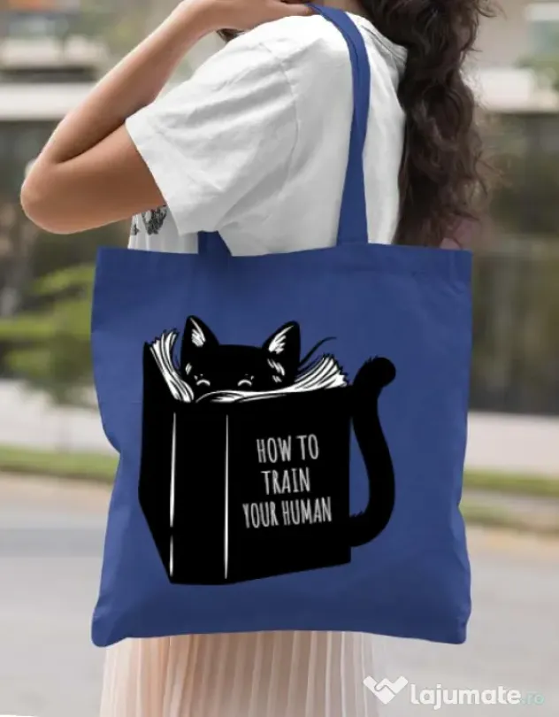Sacosa din panza How to train your human Albastru regal