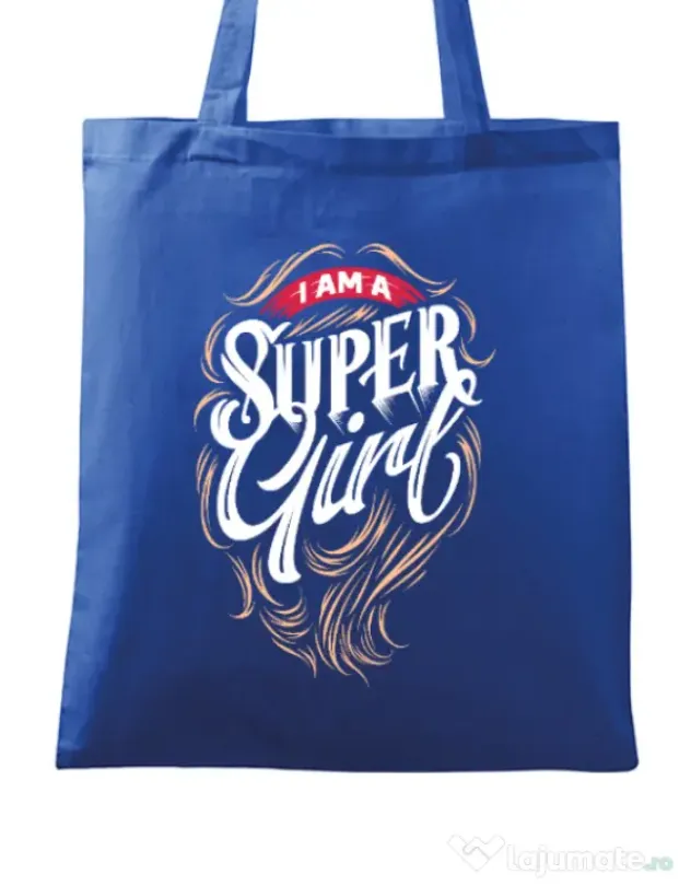 Sacosa din panza I am a Super Girl Albastru regal