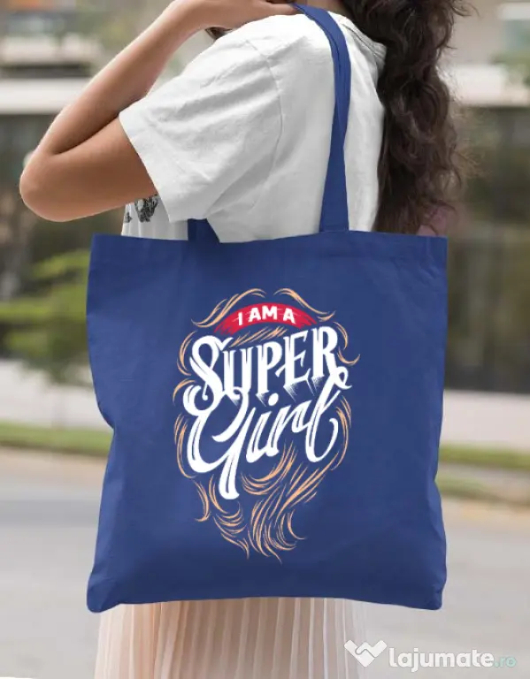 Sacosa din panza I am a Super Girl Albastru regal