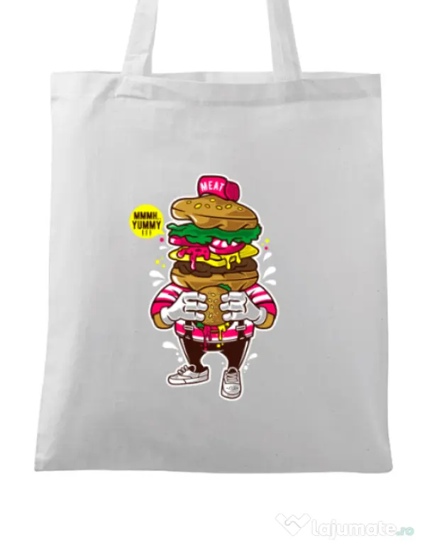 Sacosa din panza I Love Burger Alb