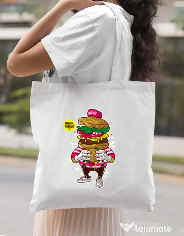 Sacosa din panza I Love Burger Alb