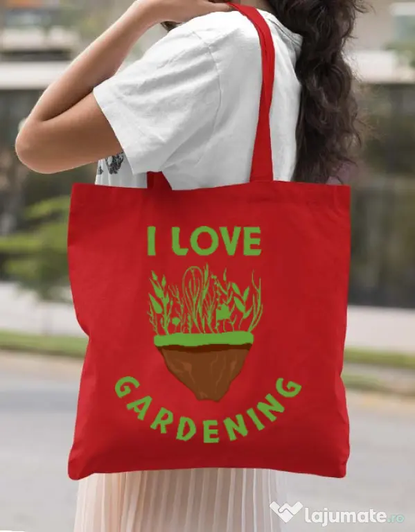 Sacosa din panza I love gardening Rosu