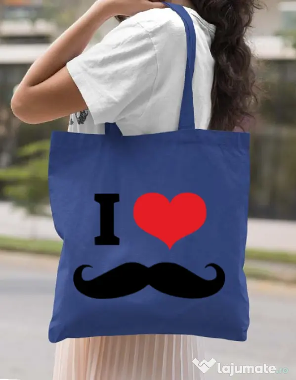 Sacosa din panza I love moustaches Albastru regal