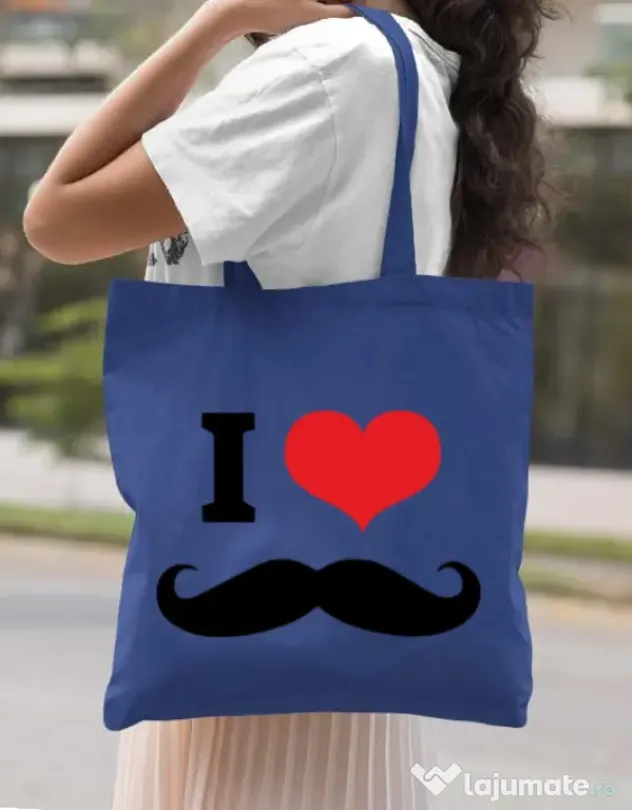 Sacosa din panza I love moustaches Albastru regal