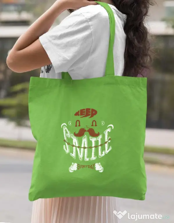 Sacosa din panza Keep smile everyday Verde mar