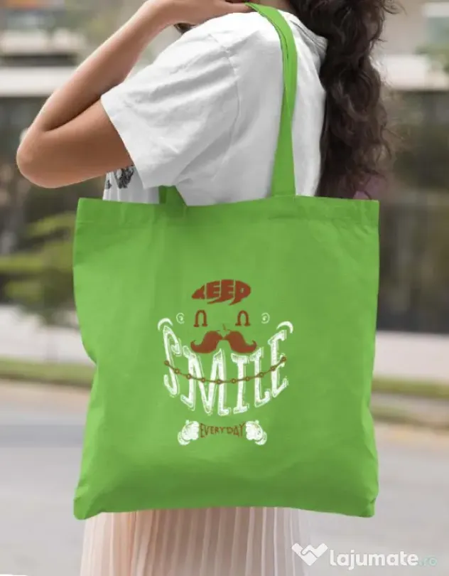 Sacosa din panza Keep smile everyday Verde mar