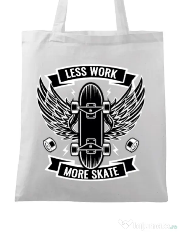 Sacosa din panza Less work more skate Alb