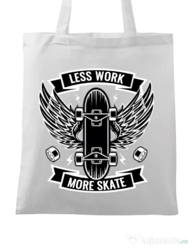 Sacosa din panza Less work more skate Alb