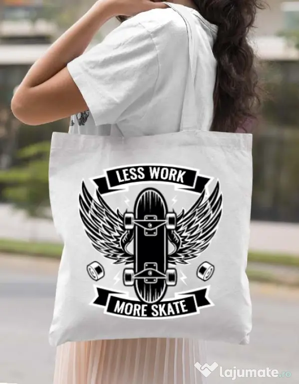 Sacosa din panza Less work more skate Alb