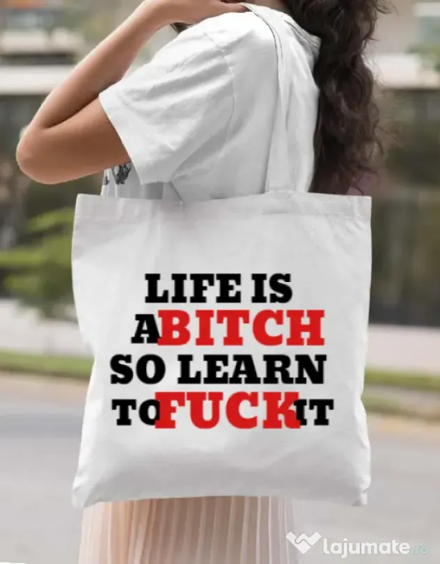 Sacosa din panza Life is a bitch Alb