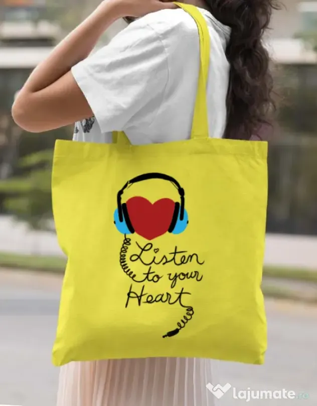 Sacosa din panza Listen to your heart Galben