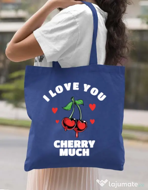 Sacosa din panza Love you cherry much Albastru regal