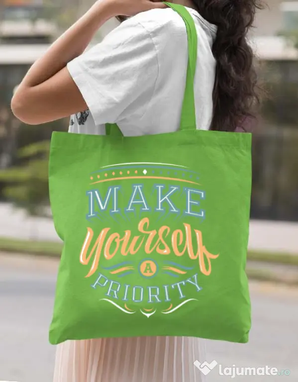 Sacosa din panza Make yourself a priority Verde mar