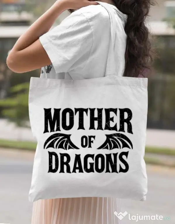 Sacosa din panza Mother of dragons 2 Alb