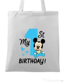 Sacosa din panza My first birthday Alb