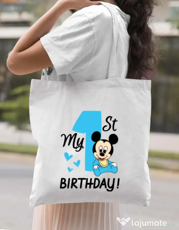 Sacosa din panza My first birthday Alb