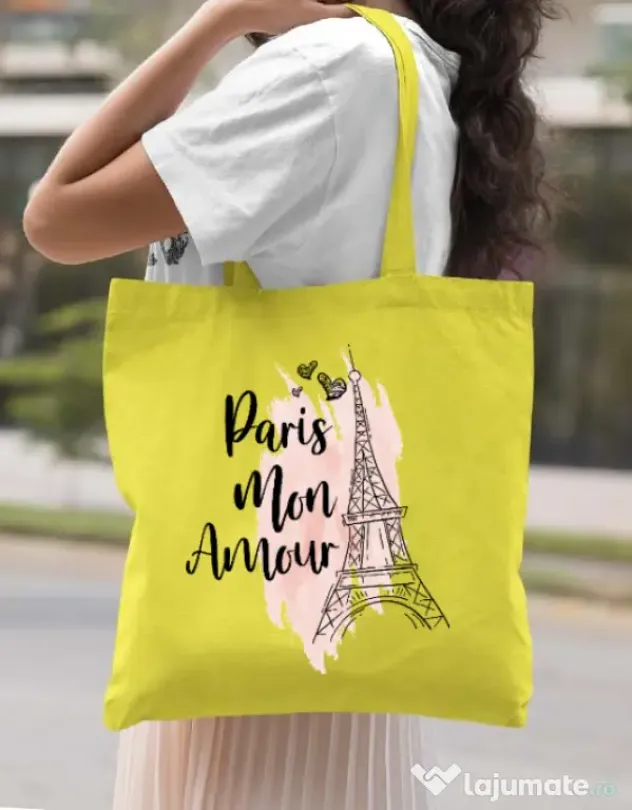 Sacosa din panza Paris mon amour Galben