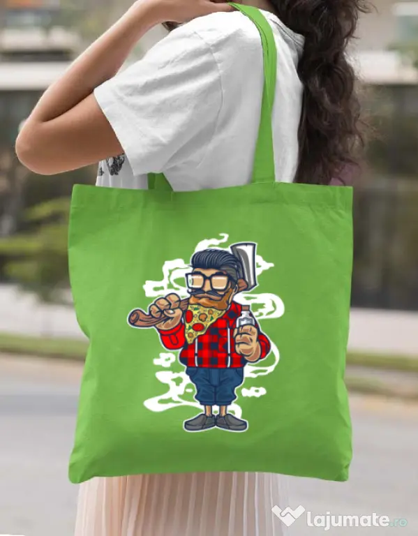 Sacosa din panza Pizza Beard Verde mar