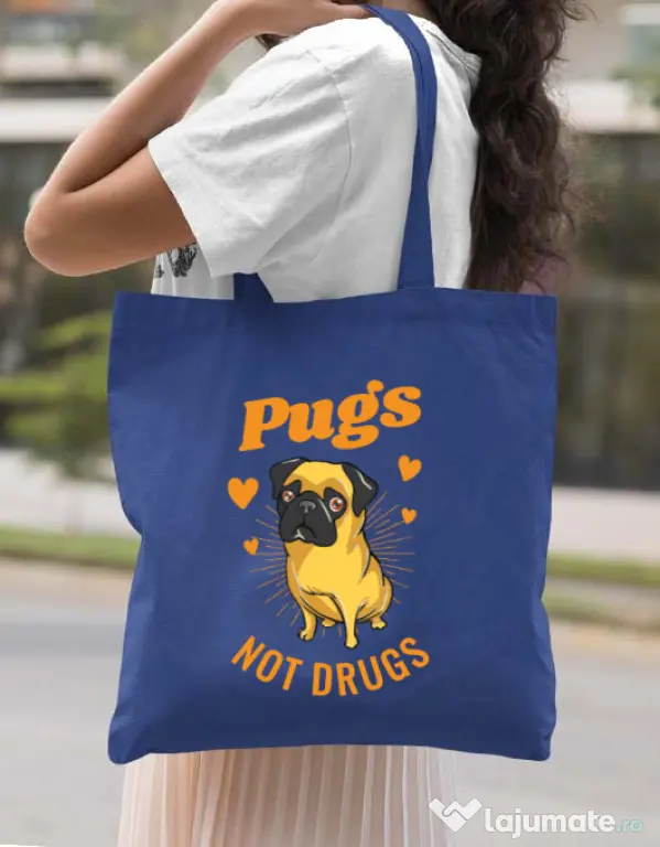 Sacosa din panza Pugs not drugs Albastru regal
