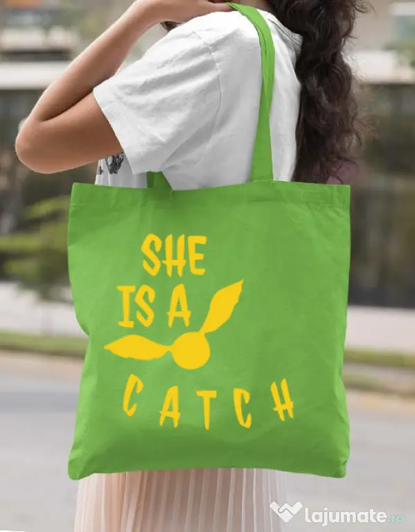Sacosa din panza She is a catch Verde mar