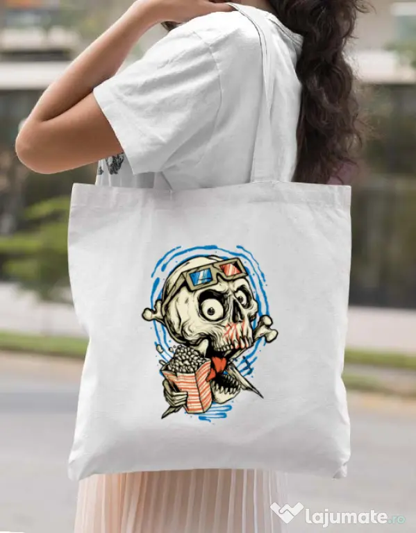 Sacosa din panza Skull Movie Alb