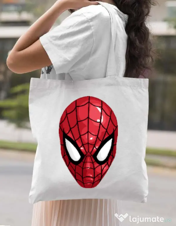 Sacosa din panza Spiderman mask Alb
