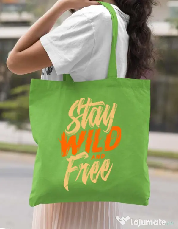 Sacosa din panza Stay Wild and Free Verde mar