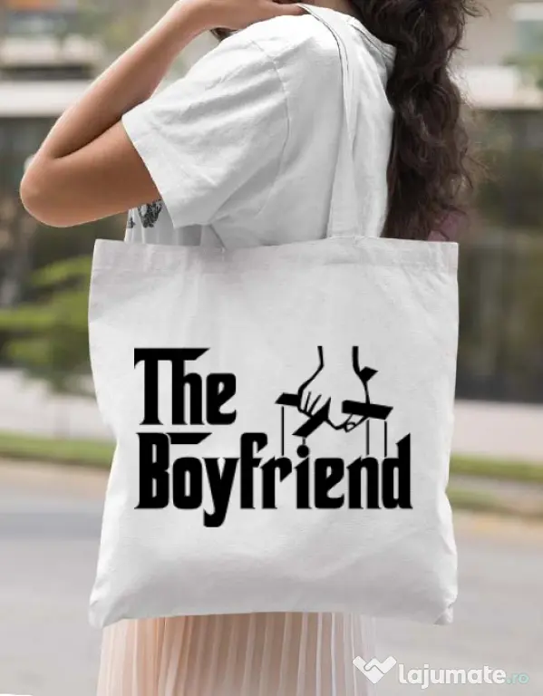 Sacosa din panza The boyfriend Alb