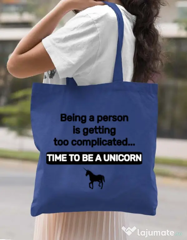 Sacosa din panza Time to be a unicorn Albastru regal