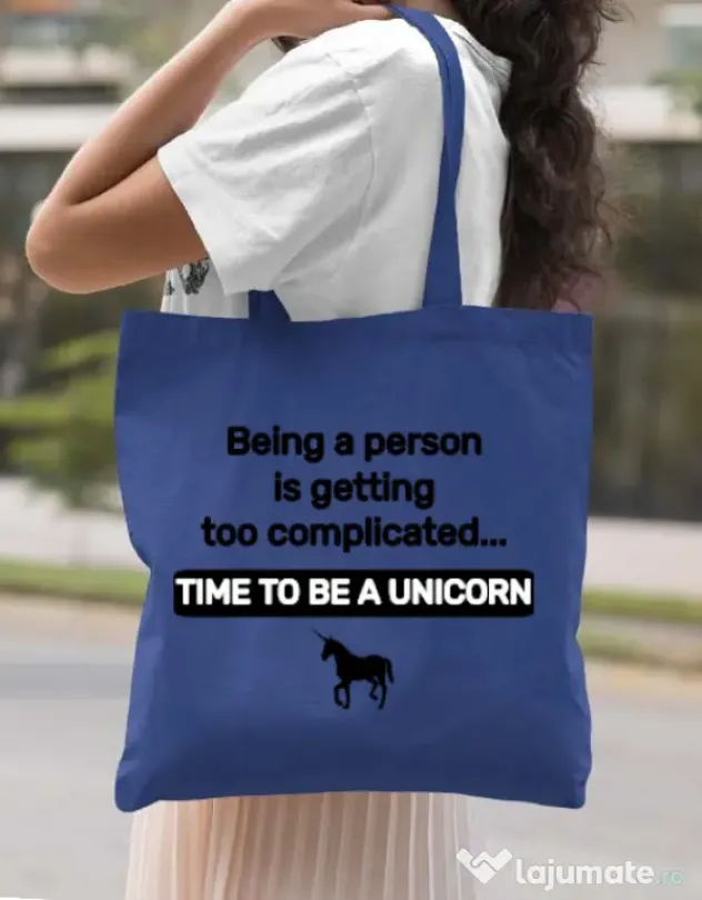 Sacosa din panza Time to be a unicorn Albastru regal