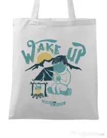 Sacosa din panza Wake up and drink a coffee Alb