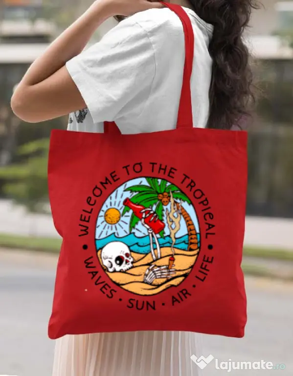 Sacosa din panza Welcome to the tropical Rosu