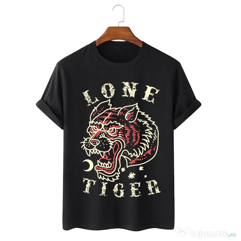 Tricou personalizat negru unisex Lone Tiger