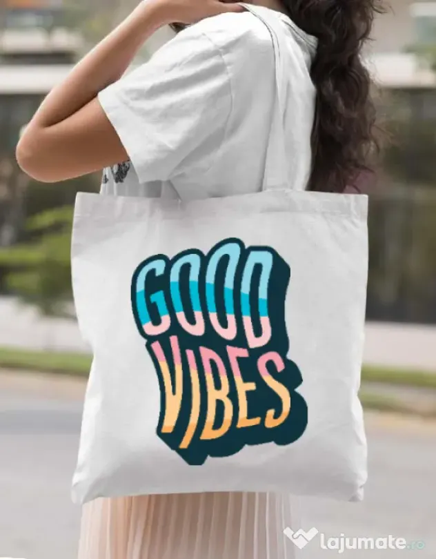 Sacosa din panza Good vibes Alb