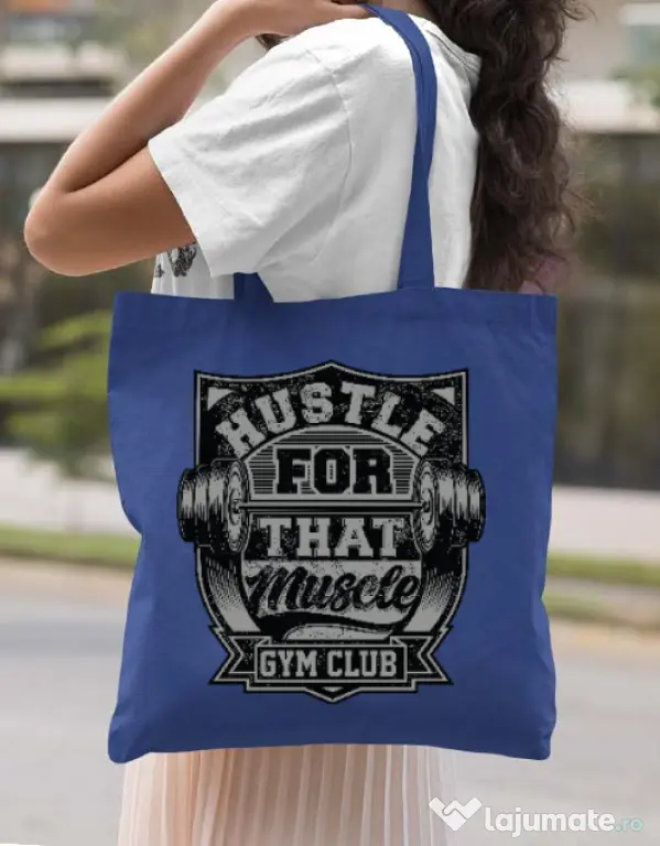 Sacosa din panza Hustle for that muscle Albastru regal