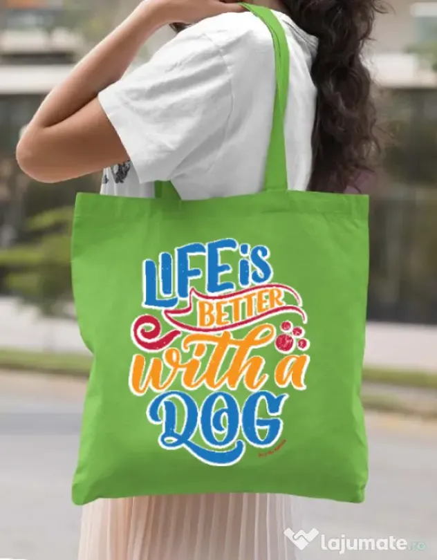 Sacosa din panza Life is better with a dog Verde mar