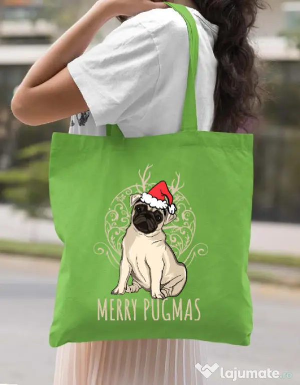 Sacosa din panza Merry pugmas Verde mar