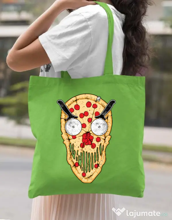 Sacosa din panza Pizza skull Verde mar