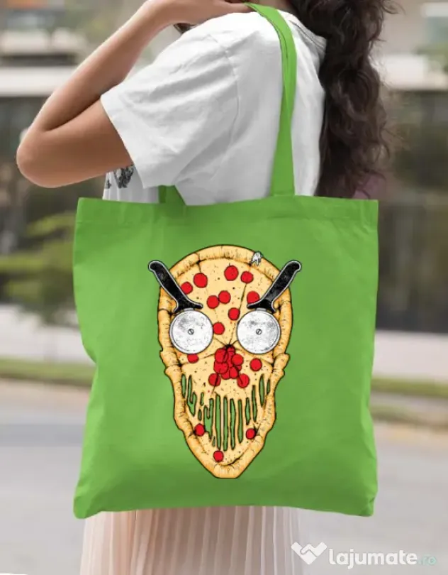 Sacosa din panza Pizza skull Verde mar