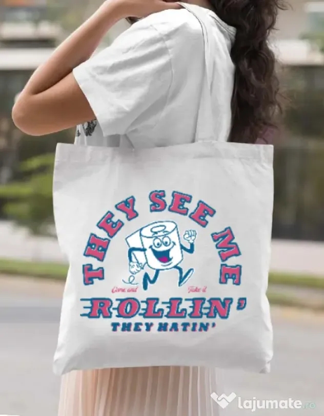 Sacosa din panza They see me rollin Alb