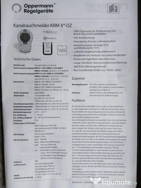Detector fum canal Oppermann KRM-X-2-DZ – Nou, nefolosit