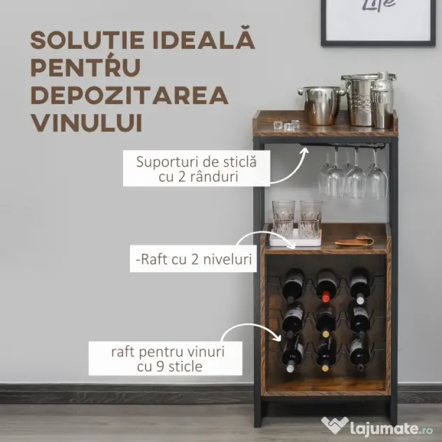 HOMCOM Dulap Vinuri Stil Industrial Suport 9 Sticle Pahare Rafturi 52x40x113cm Maro | Aosom Romania
