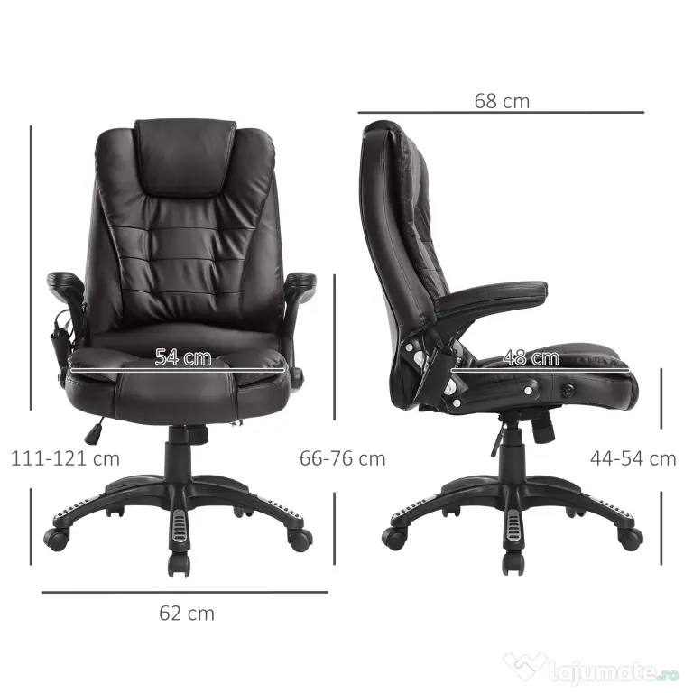 HOMCOM Fotoliu cu 6 Puncte de Masaj și Înălțime Reglabilă, 62x68x111-121 cm, Maro | Aosom Romania