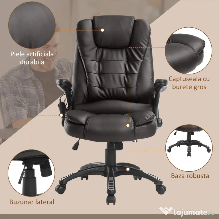 HOMCOM Fotoliu cu 6 Puncte de Masaj și Înălțime Reglabilă, 62x68x111-121 cm, Maro | Aosom Romania
