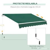 Copertină Retractabilă Manuală Outsunny pentru Verandă, 3x2 m, Verde | Aosom Romania 
