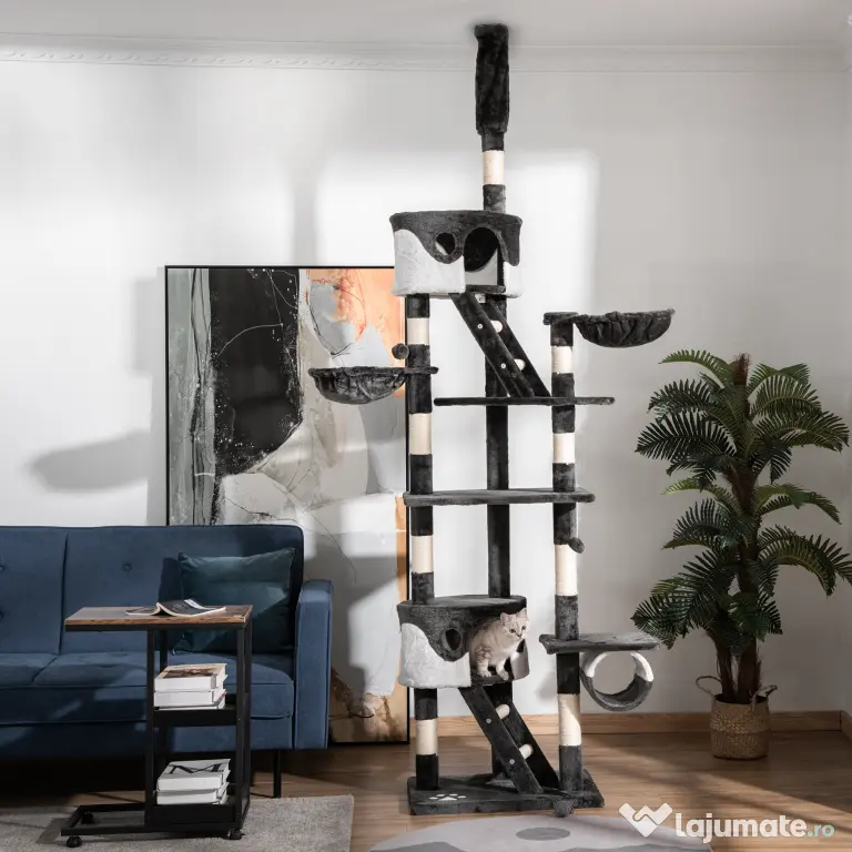 PawHut Stâlp Multifuncțional de Zgâriat cu Pod, Scări și Frânghii Sisal, 60x45x240-260cm, Gri și Alb | Aosom Romania