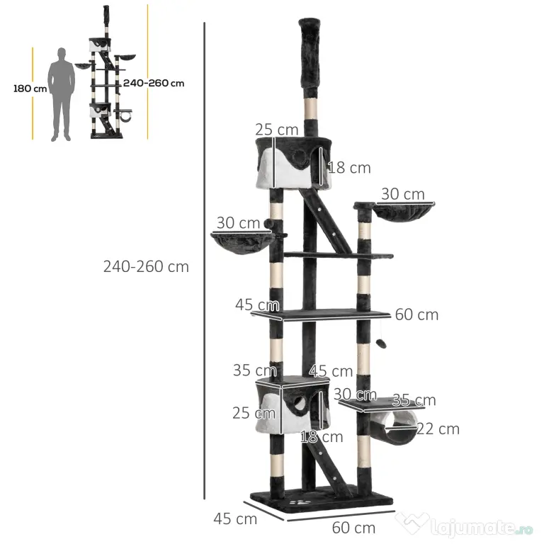 PawHut Stâlp Multifuncțional de Zgâriat cu Pod, Scări și Frânghii Sisal, 60x45x240-260cm, Gri și Alb | Aosom Romania